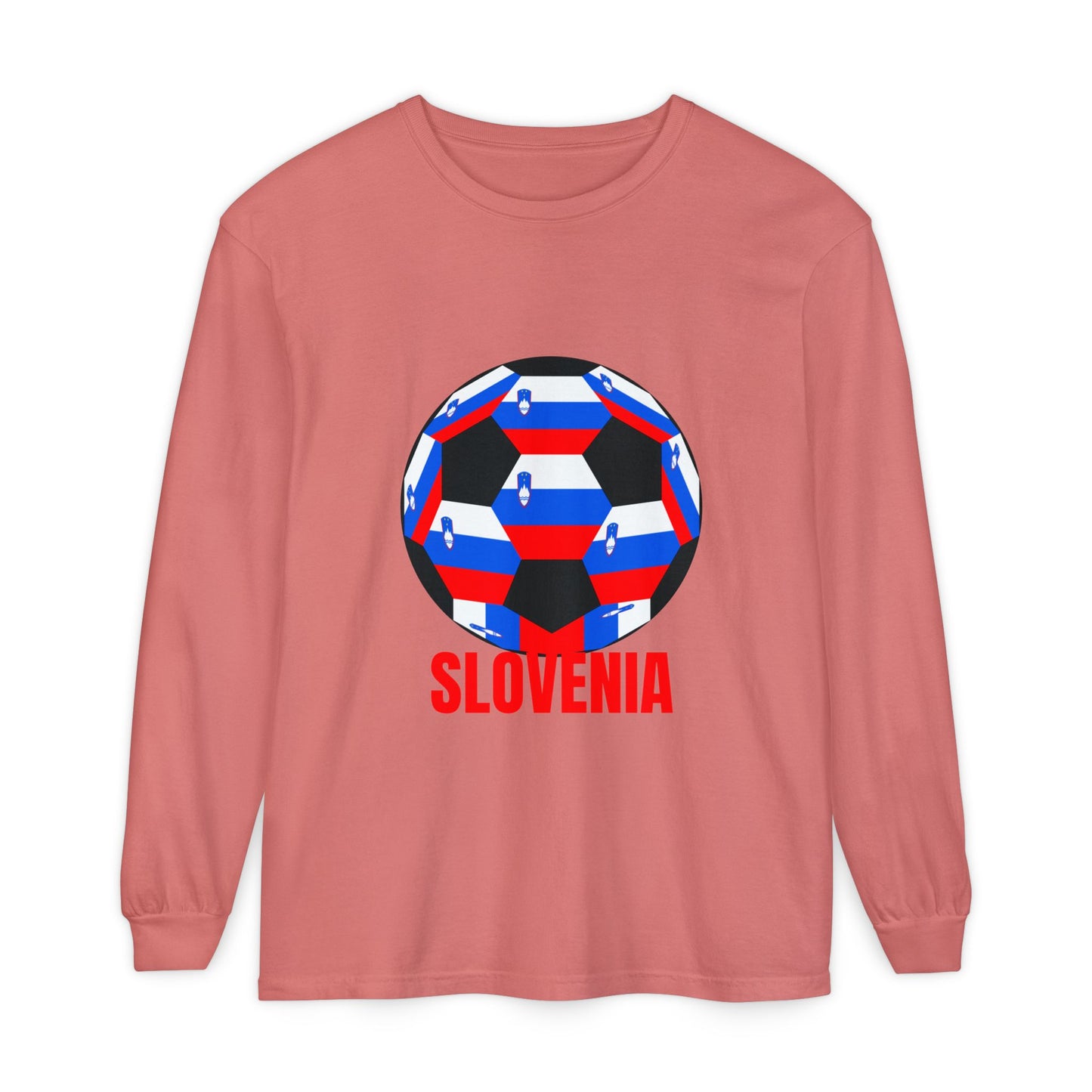 Slovenia Fan Specialty Soccer Ball Design Long Sleeve Shirt Red Text