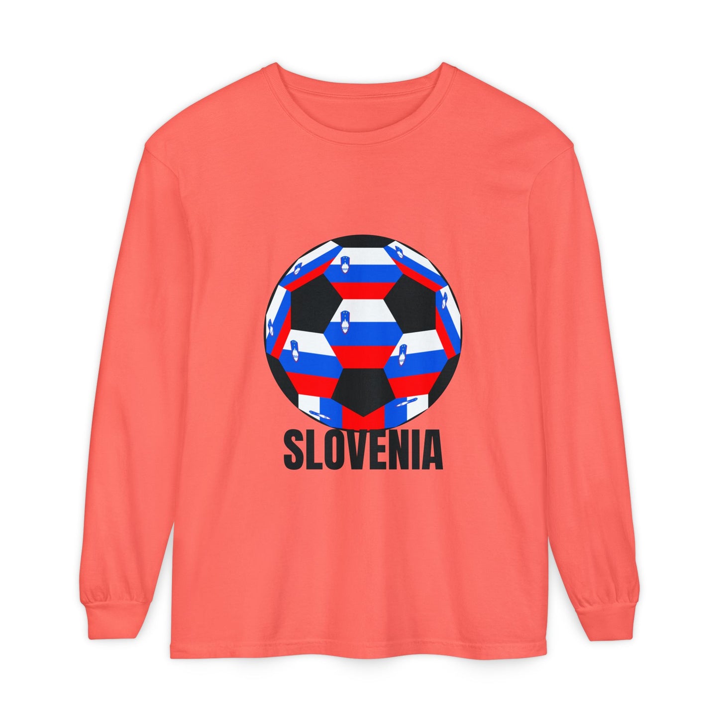 Slovenia Fan Specialty Soccer Ball Design Long Sleeve Tee Black Text