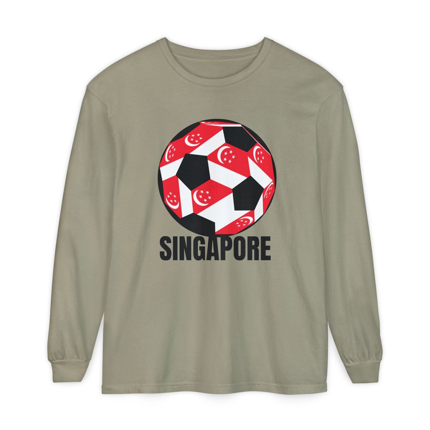 Singapore Fan Specialty Soccer Ball Design T Shirt Long Sleeve Tee Black Text