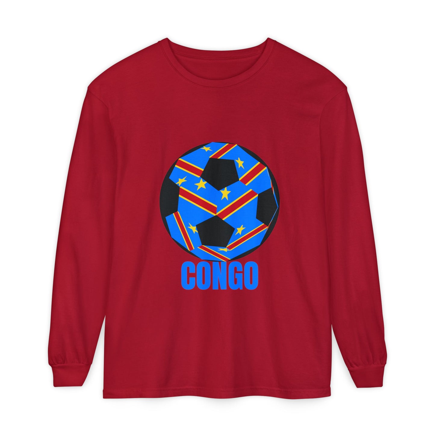 Congo Fan Specialty Soccer Ball Design T Shirt Long Sleeve Tee Blue Text