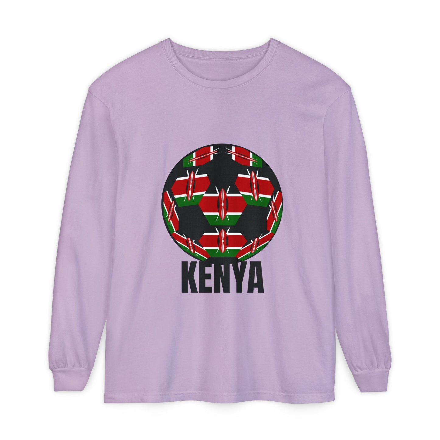 Kenya Fan Specialty Soccer Ball Design Long Sleeve Tee Black Text