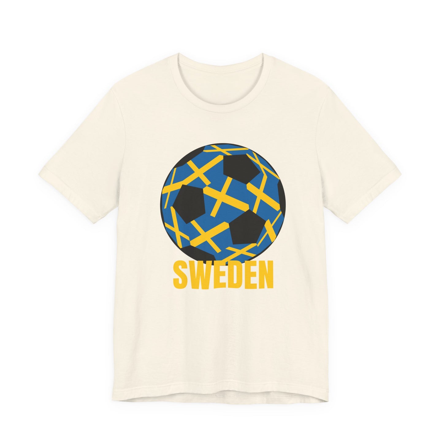 Sweden Fan Specialty Soccer Ball Design T Shirt Gold Text
