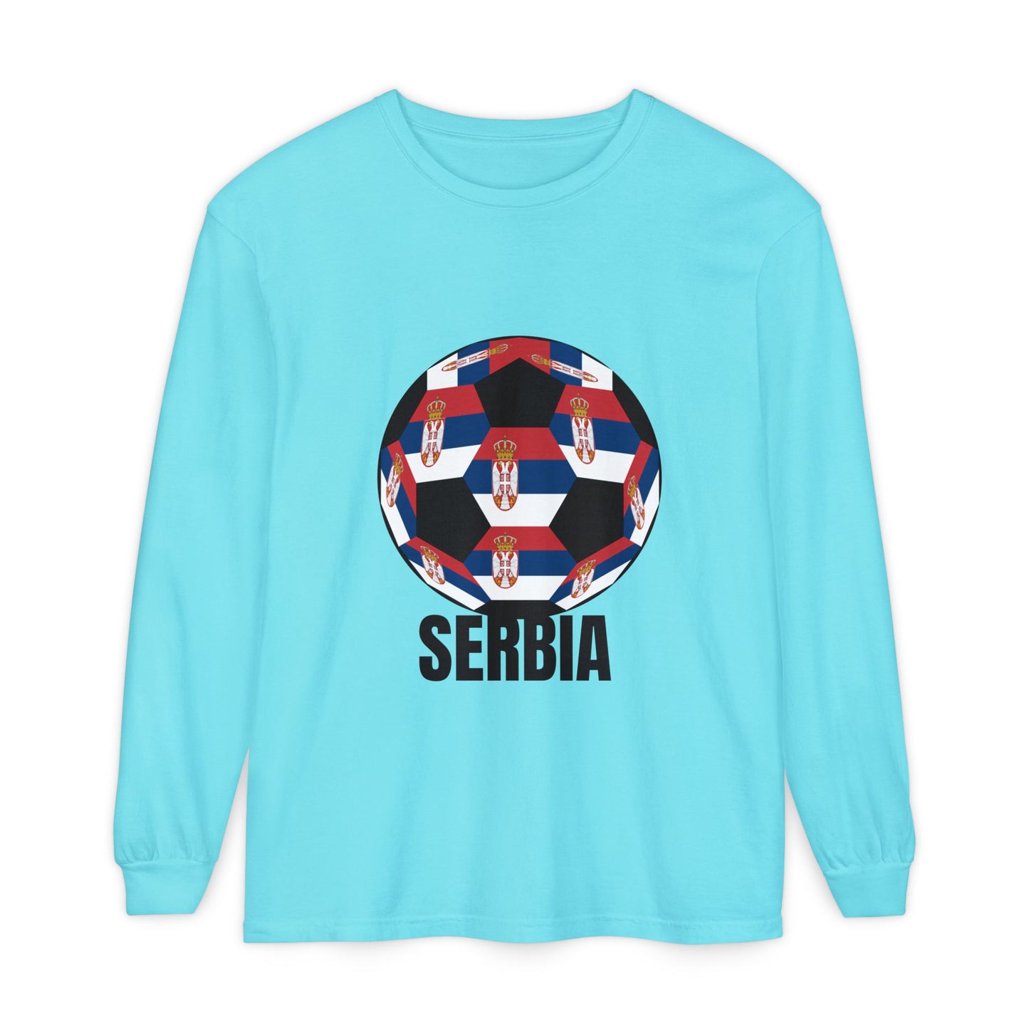 Serbia Fan Specialty Soccer Ball Design T Shirt Long Sleeve Tee Black Print