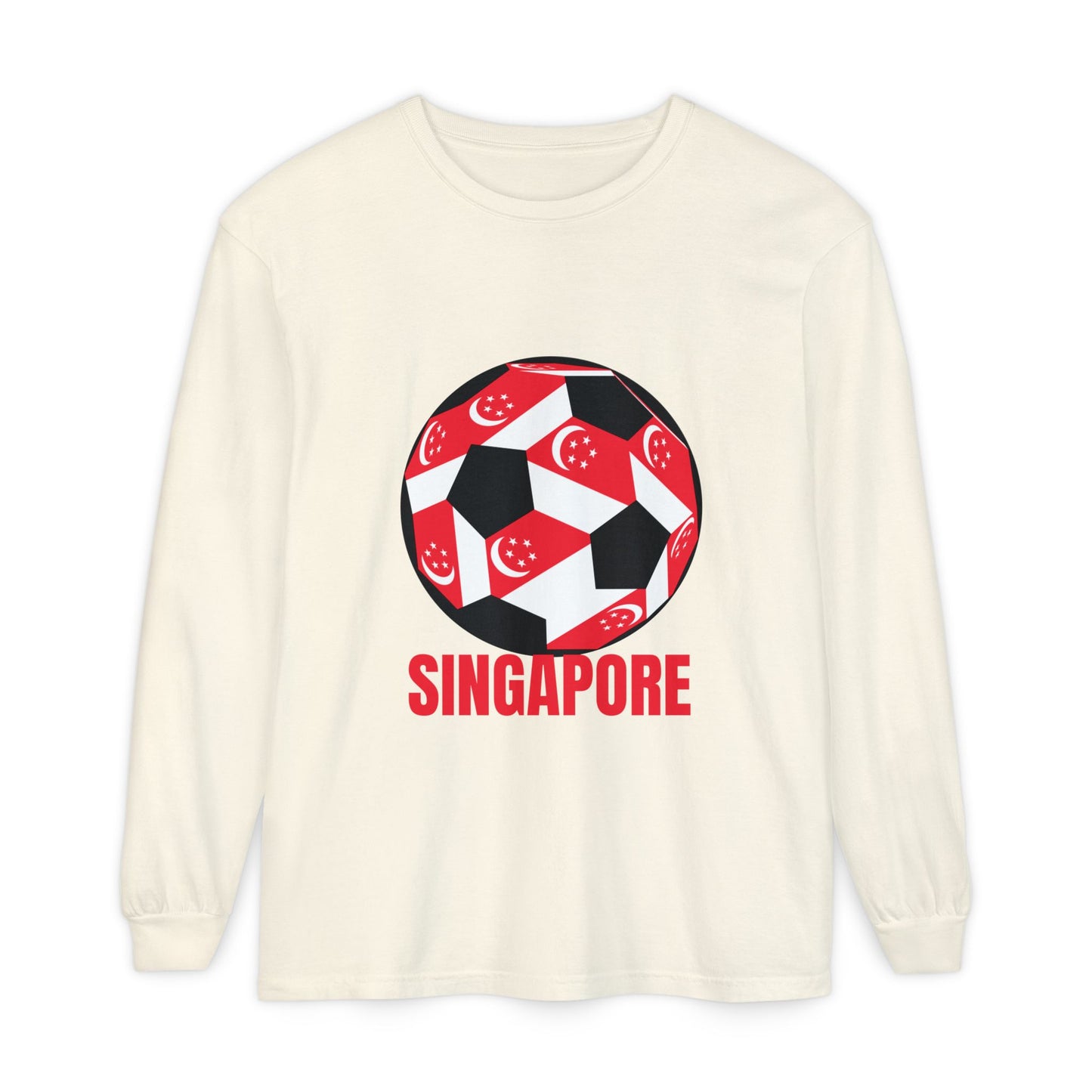 Singapore Fan Specialty Soccer Ball Design T ShirtLong Sleeve Tee Red Text