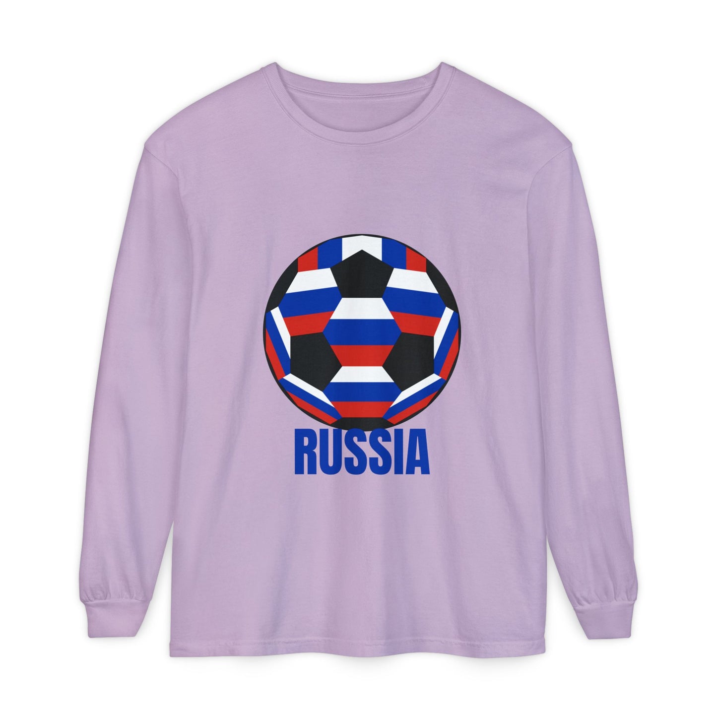 Russia Fan Specialty Soccer Ball Design T Shirt Long Sleeve T-Shirt Blue Text