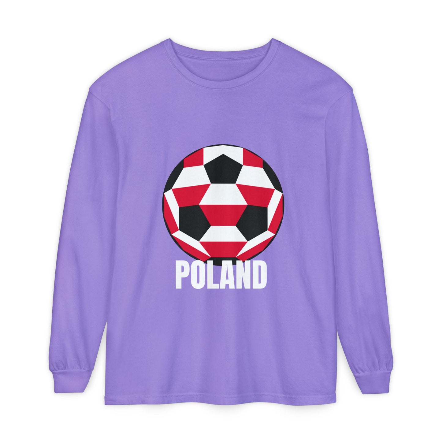 Poland Fan Specialty Soccer Ball Design T Shirt Long Sleeve Tee White Text