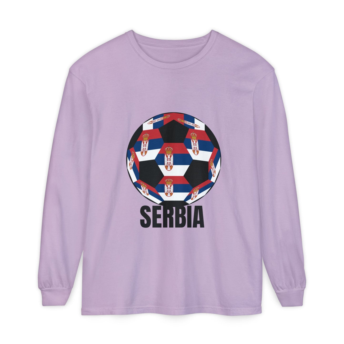 Serbia Fan Specialty Soccer Ball Design T Shirt Long Sleeve Tee Black Print