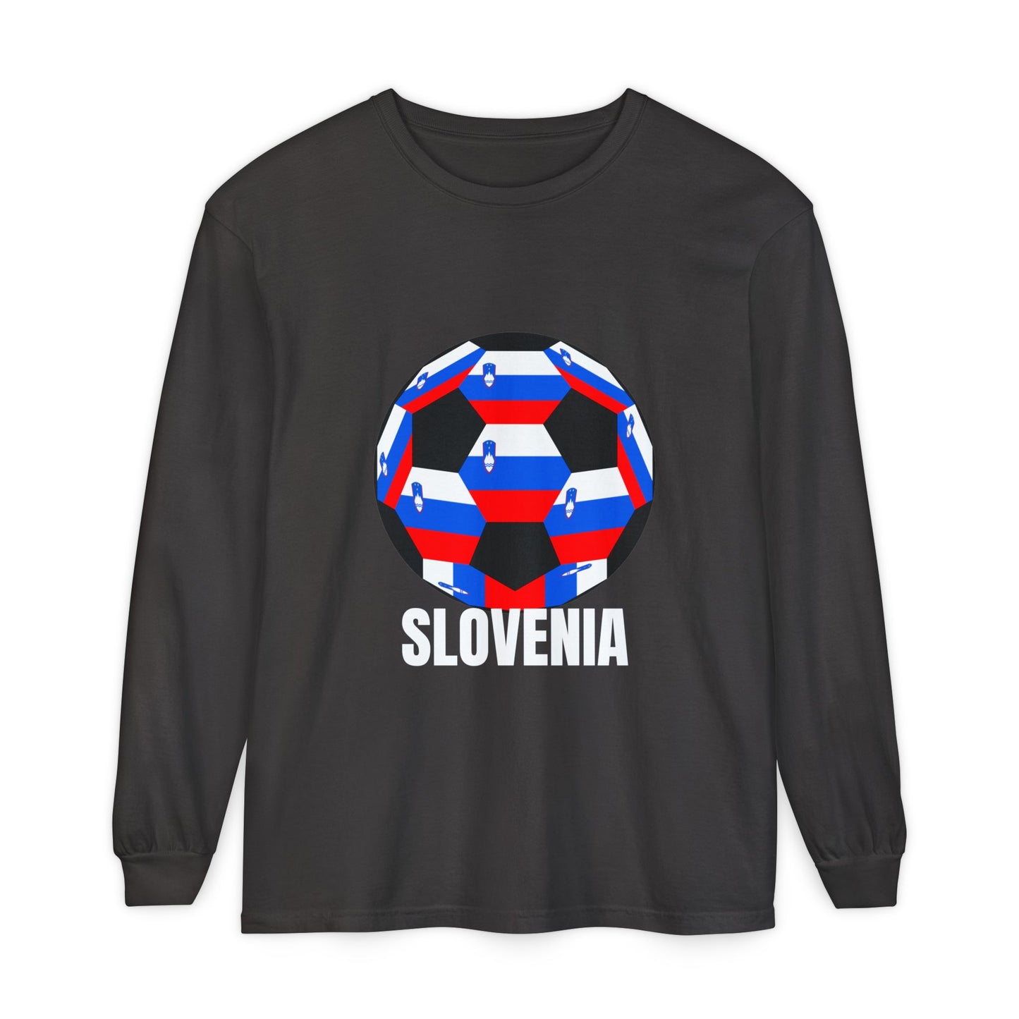 Slovenia Fan Specialty Soccer Ball Design T Shirt Long Sleeve Shirt White Text