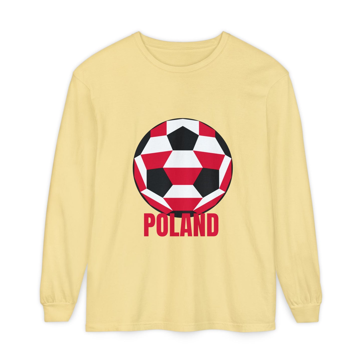 Poland Fan Specialty Soccer Ball Design T Shirt Long Sleeve T-Shirt Red Text
