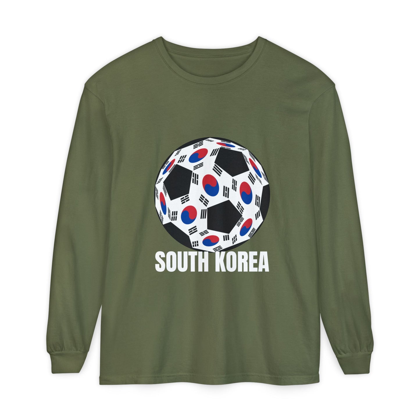 South Korea Fan Specialty Soccer Ball Design T Shirt Long Sleeve Tee White Text