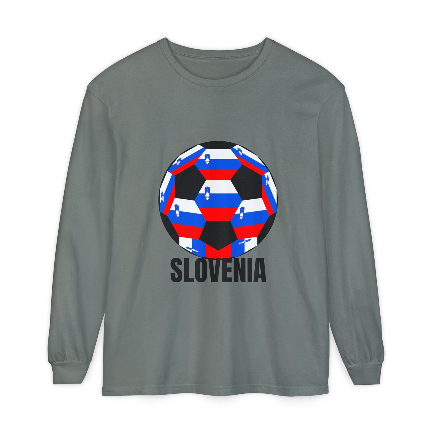 Slovenia Fan Specialty Soccer Ball Design Long Sleeve Tee Black Text