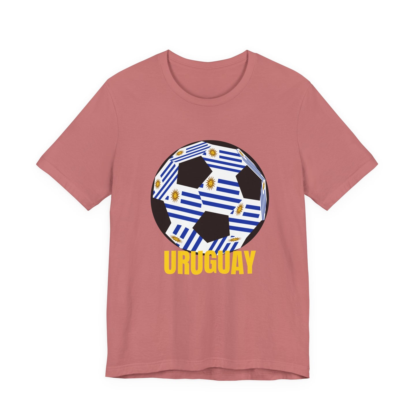 Uruguay Fan Specialty Soccer Ball Design T Shirt Gold Text