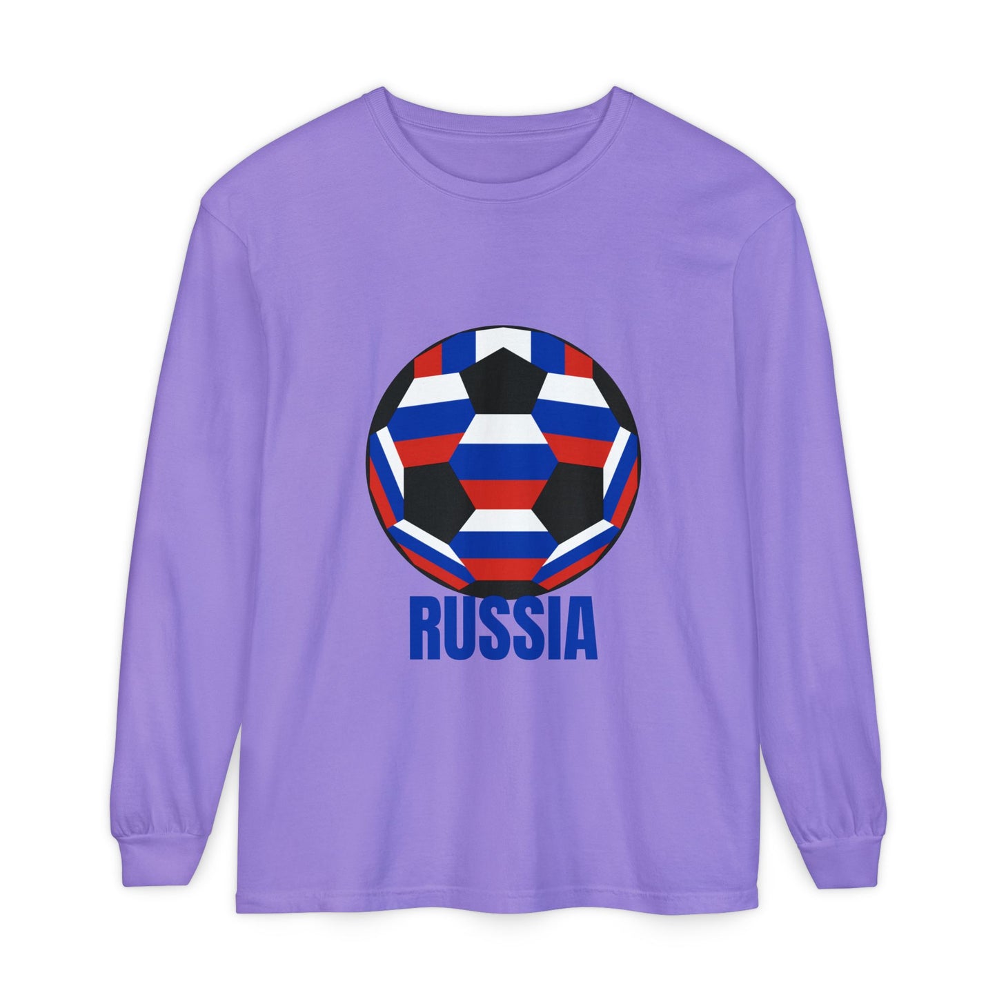 Russia Fan Specialty Soccer Ball Design T Shirt Long Sleeve T-Shirt Blue Text