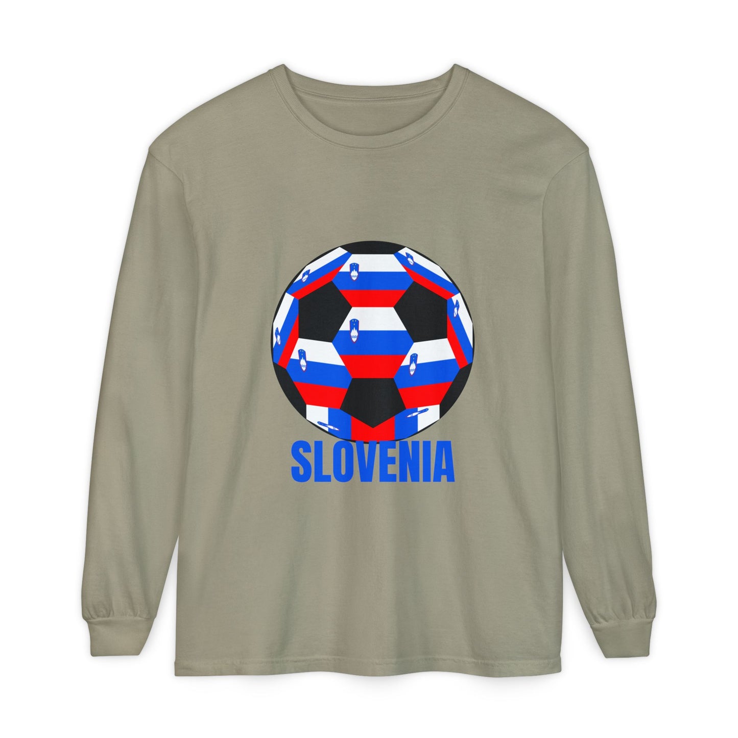 Slovenia Fan Specialty Soccer Ball Design Long Sleeve T-Shirt Blue Text