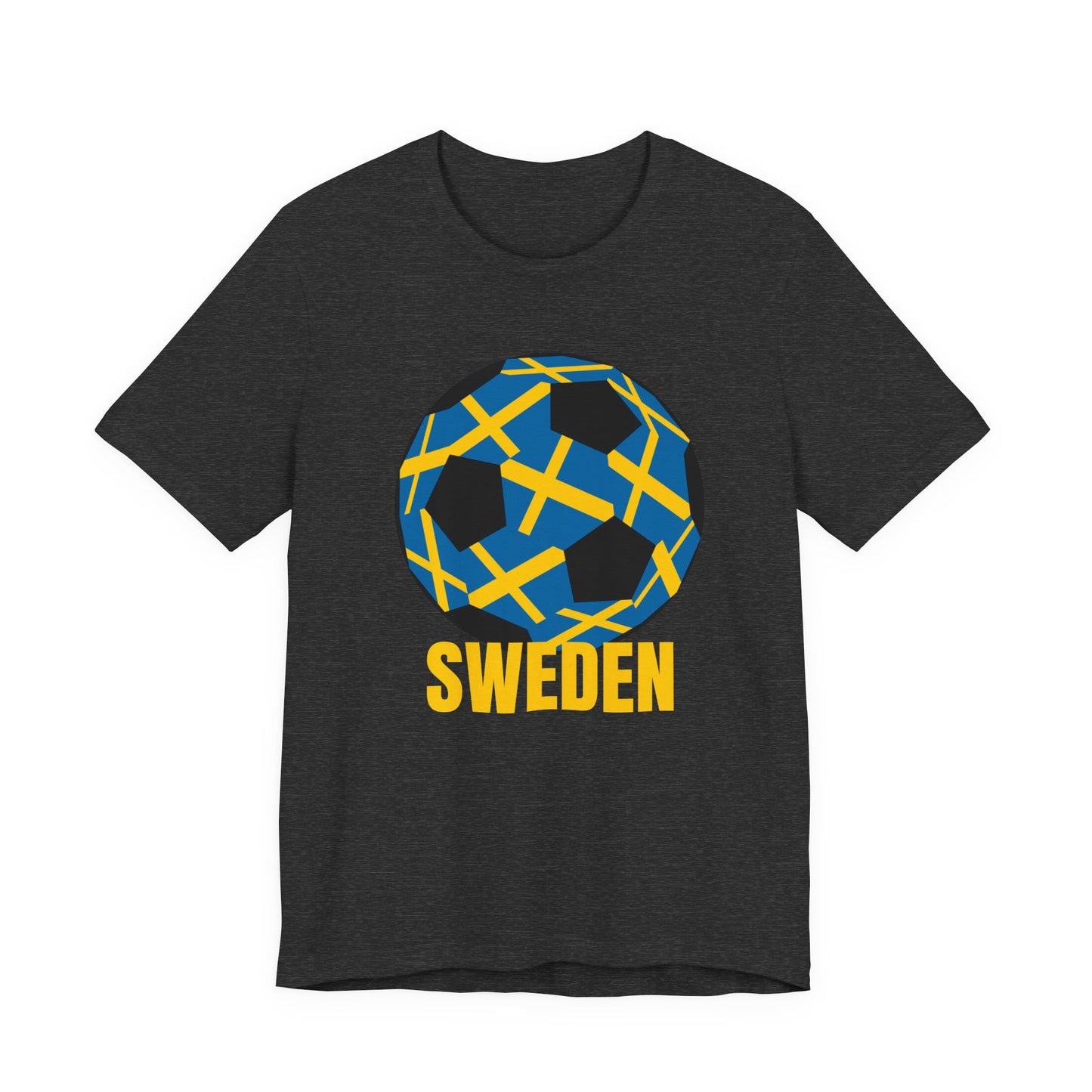 Sweden Fan Specialty Soccer Ball Design T Shirt Gold Text