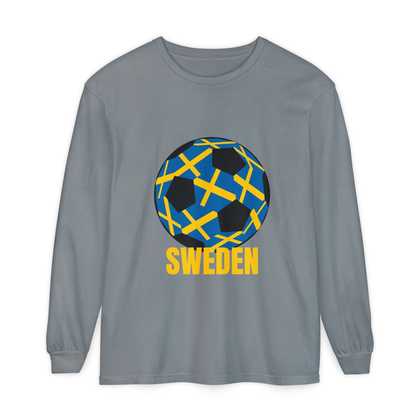 Sweden Fan Specialty Soccer Ball Design T Shirt  Long Sleeve Tee Gold Text