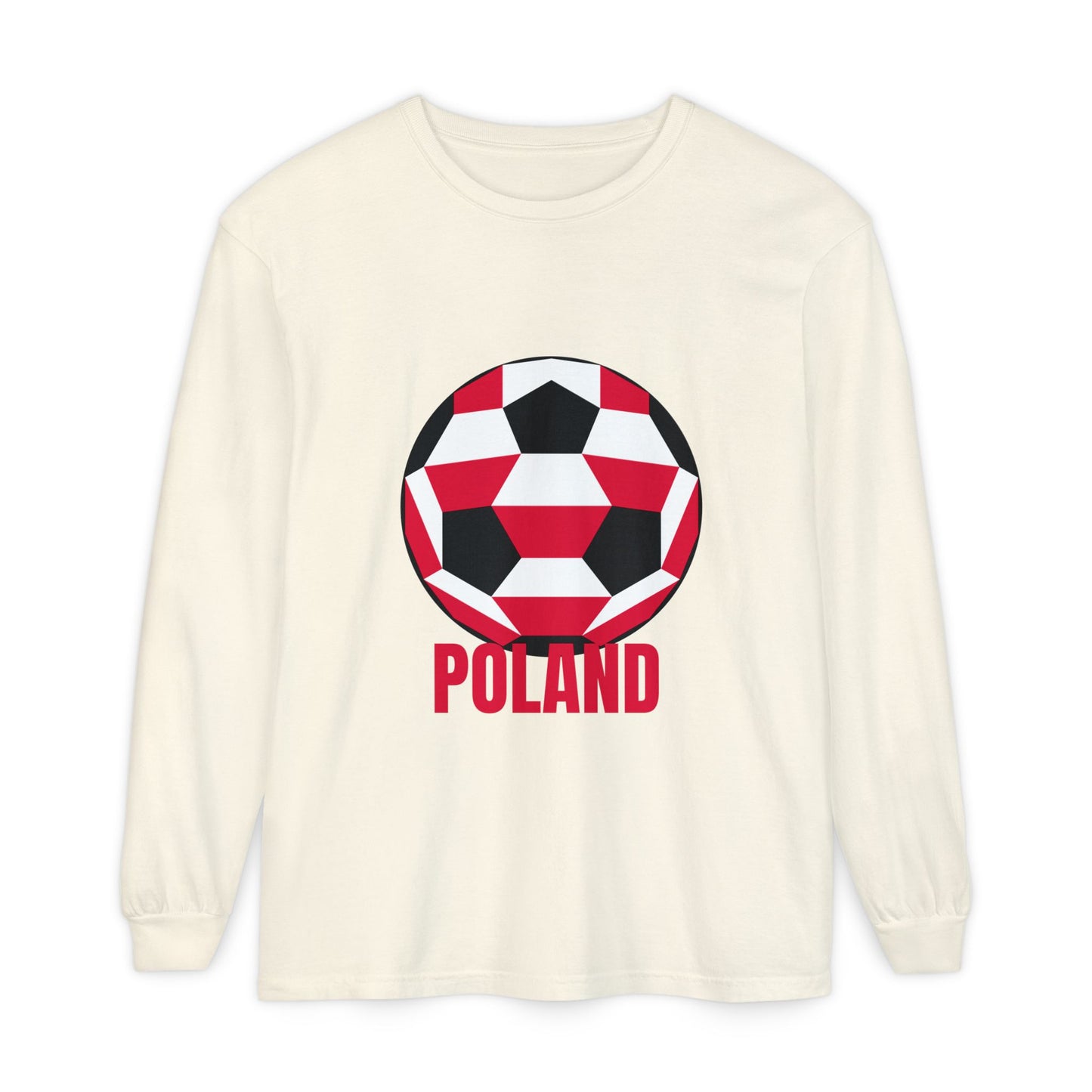 Poland Fan Specialty Soccer Ball Design T Shirt Long Sleeve T-Shirt Red Text