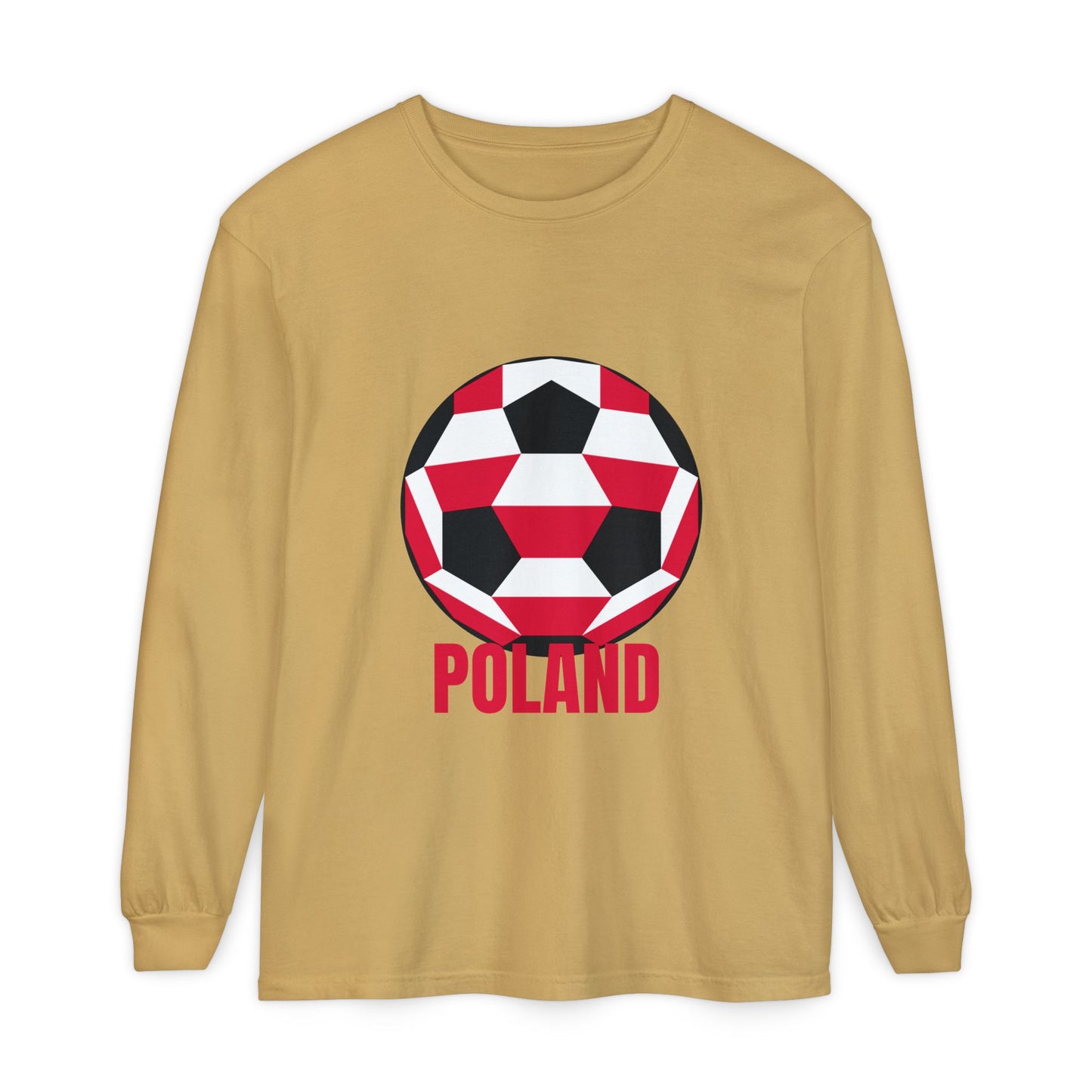 Poland Fan Specialty Soccer Ball Design T Shirt Long Sleeve T-Shirt Red Text