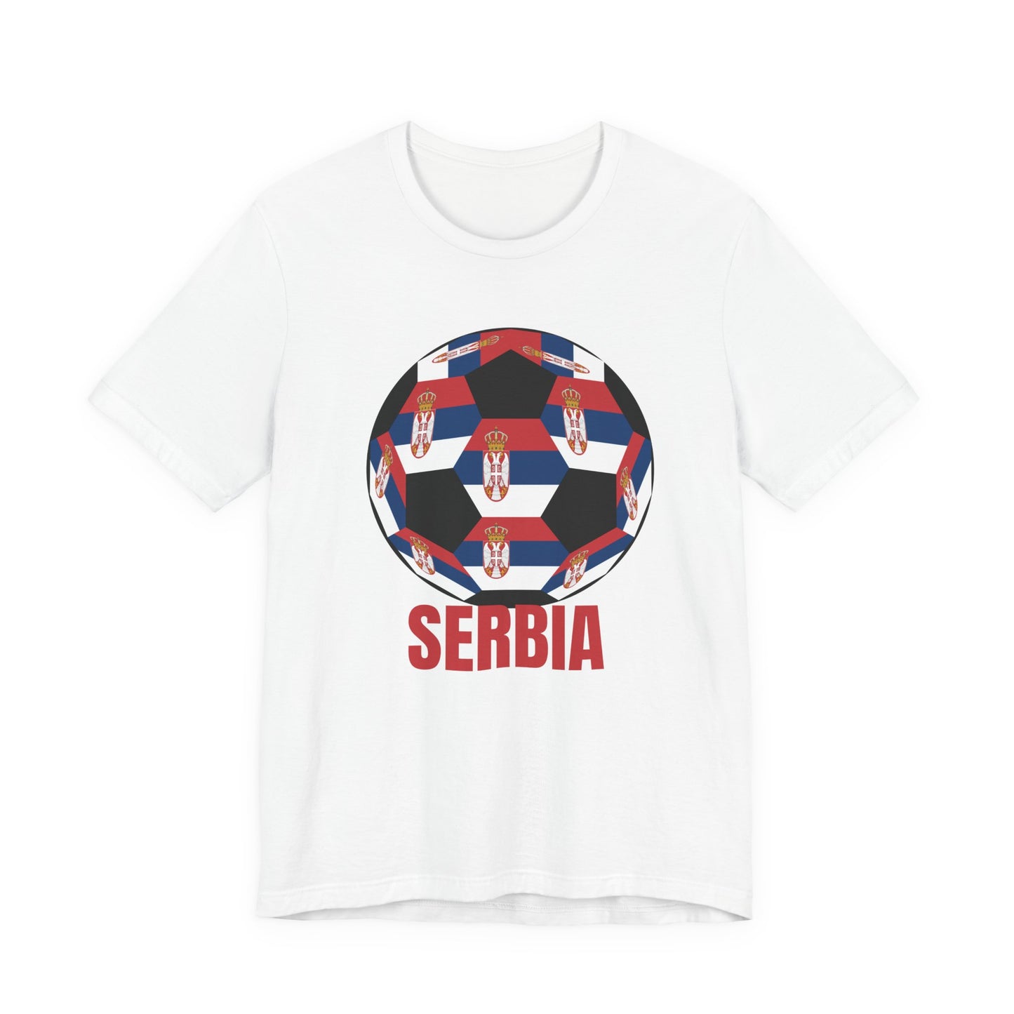 Serbia Fan Specialty Soccer Ball Design T Shirt Red Text
