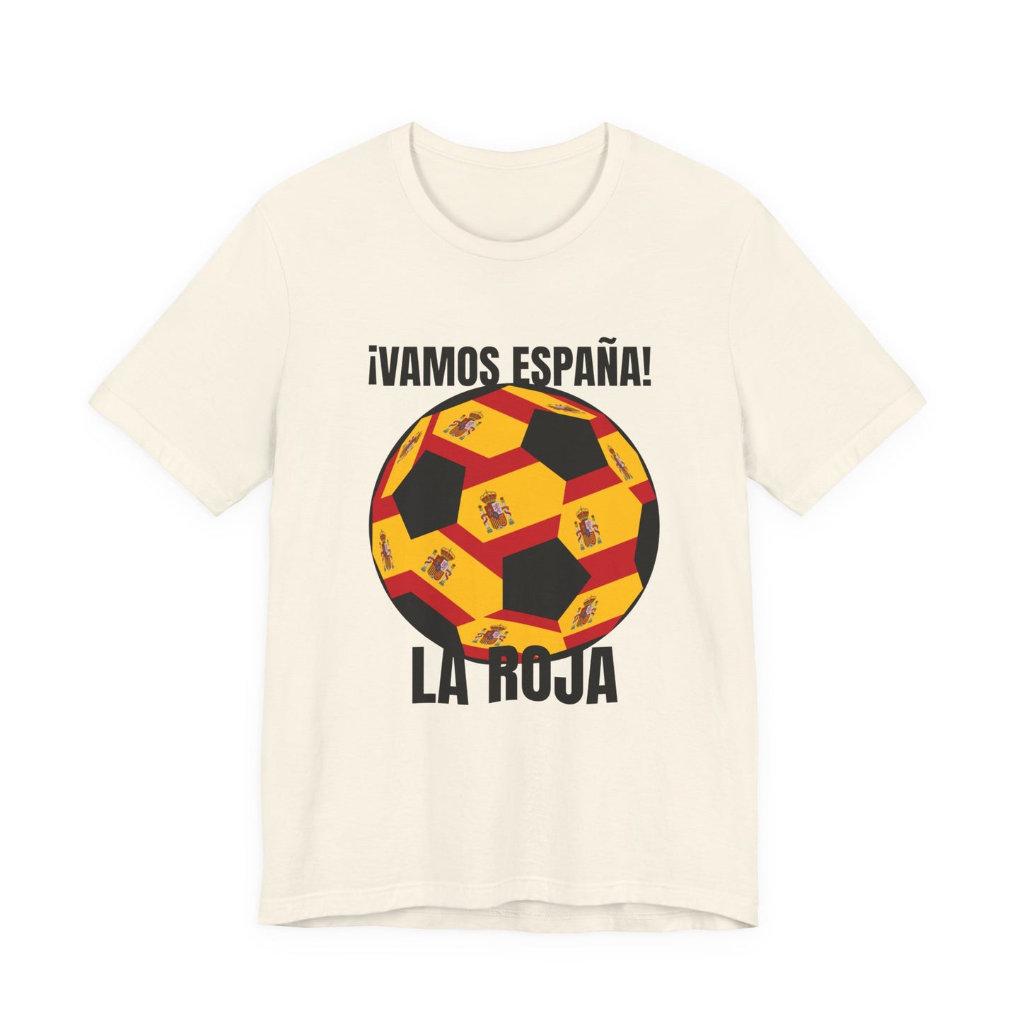 "¡Vamos España! La Roja" Soccer Ball Design T Shirt Black Text