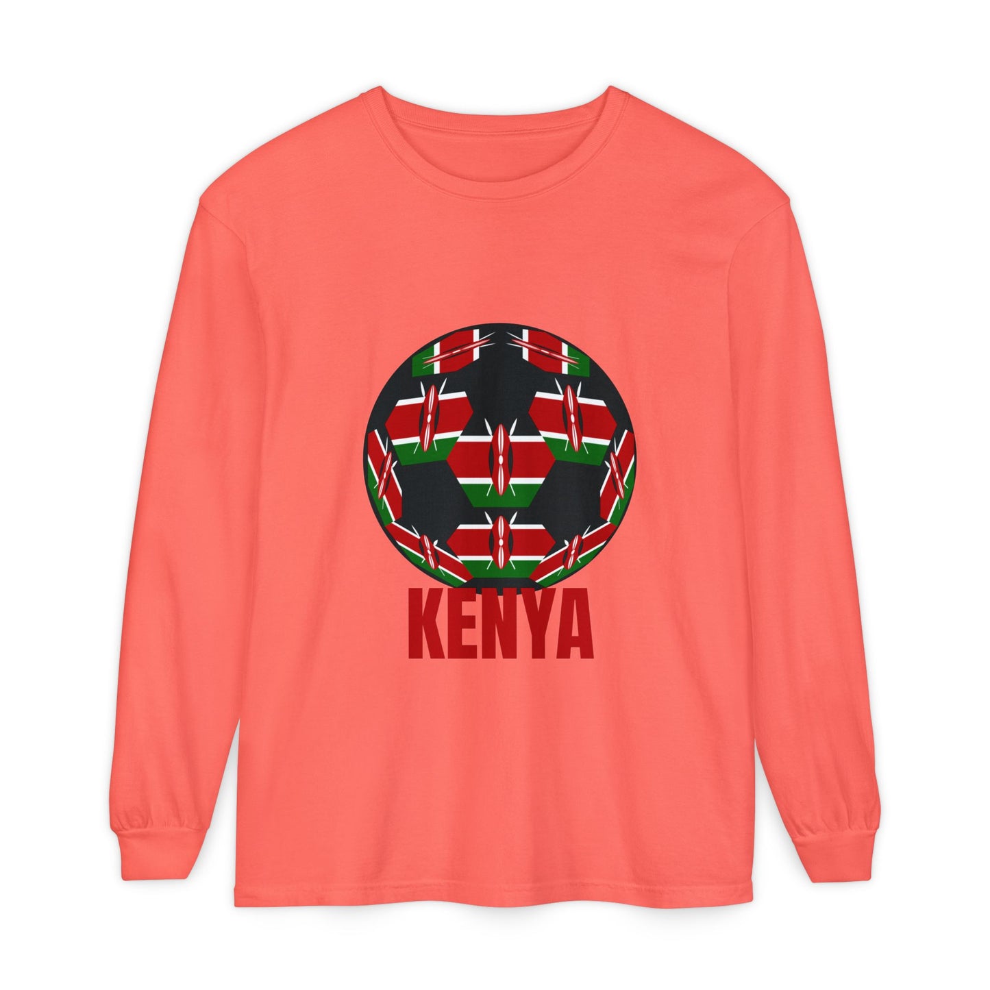 Kenya Fan Specialty Soccer Ball Design T Shirt Long Sleeve Red Text