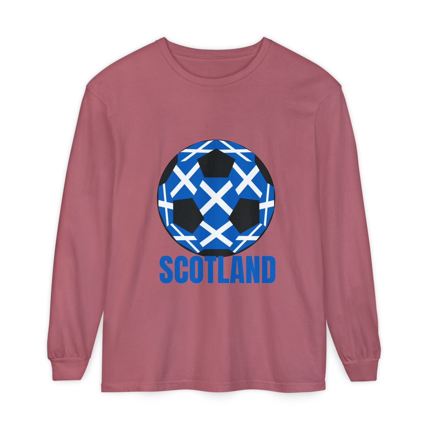 Scotland Fan Specialty Soccer Ball Design T Shirt Long Sleeve Tee Blue Text