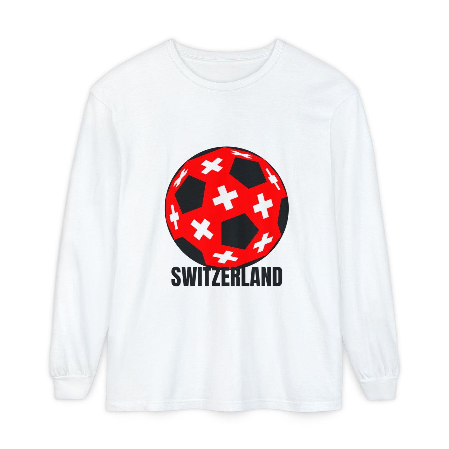 Switzerland Fan Specialty Soccer Ball Design T Shirt Long Sleeve Tee Black Text