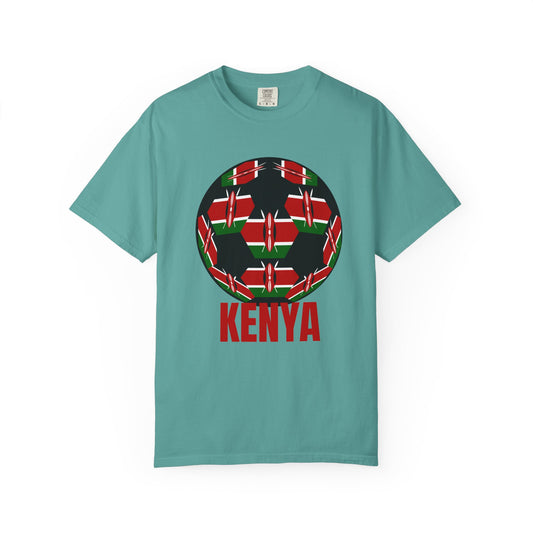 Kenya Fan Specialty Soccer Ball Design T Shirt Red Text