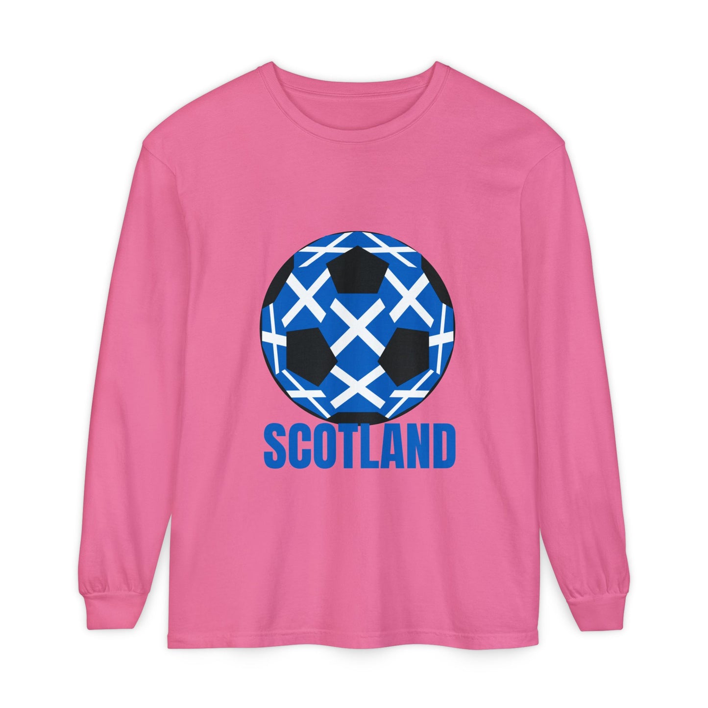 Scotland Fan Specialty Soccer Ball Design T Shirt Long Sleeve Tee Blue Text