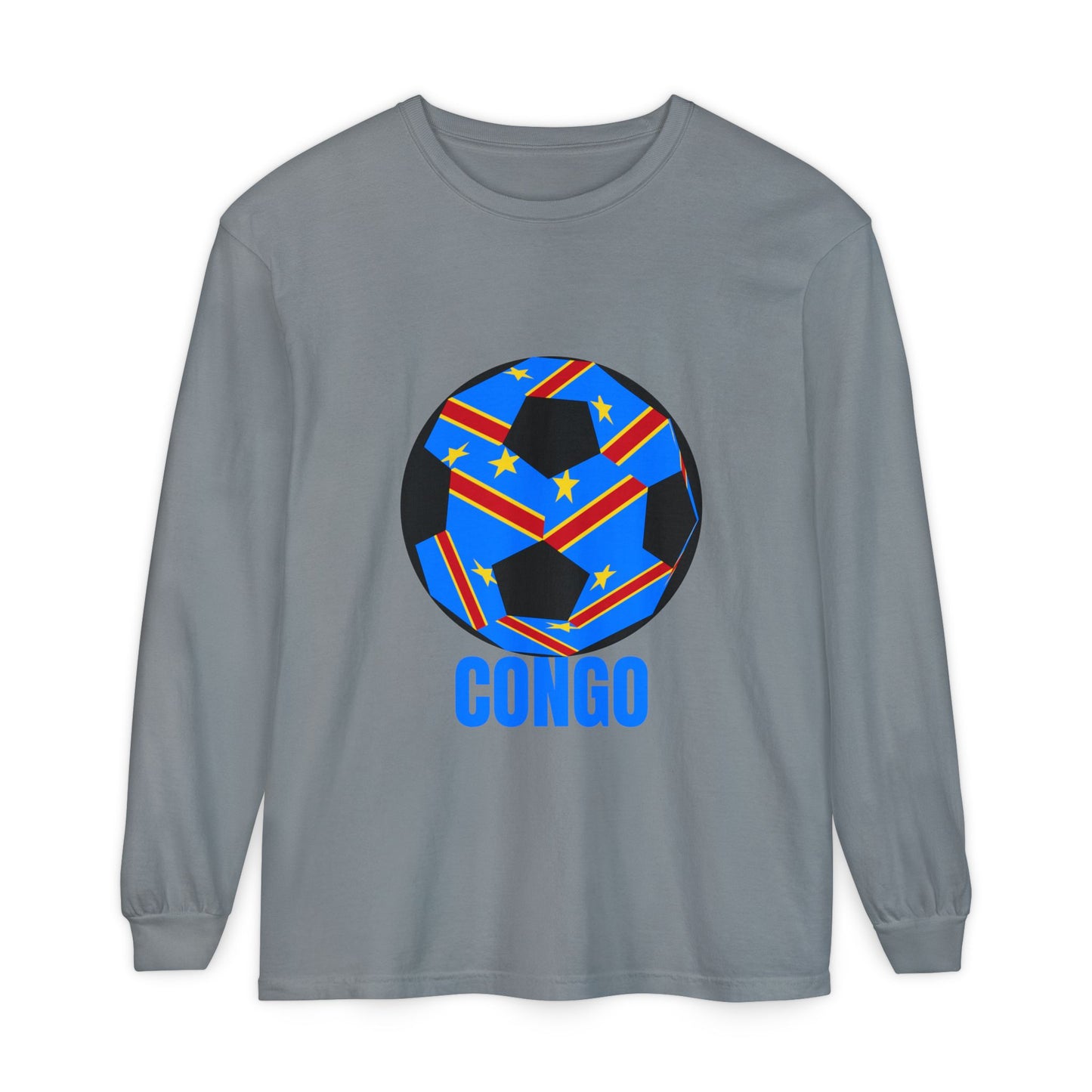 Congo Fan Specialty Soccer Ball Design T Shirt Long Sleeve Tee Blue Text