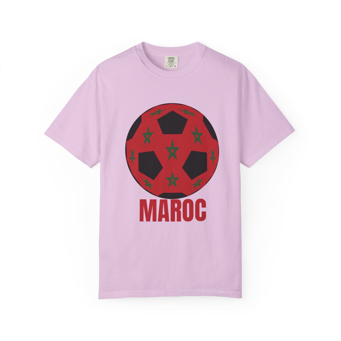 Morocco Maroc Fan Specialty Soccer Ball Design T Shirt Red Text