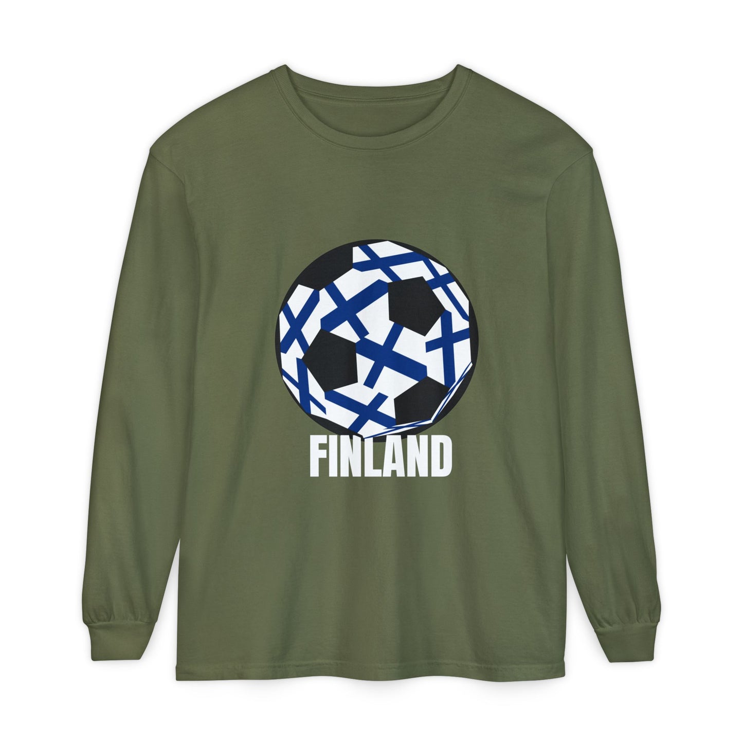 Finland Fan Specialty Soccer Ball Design Long Sleeve Tee
