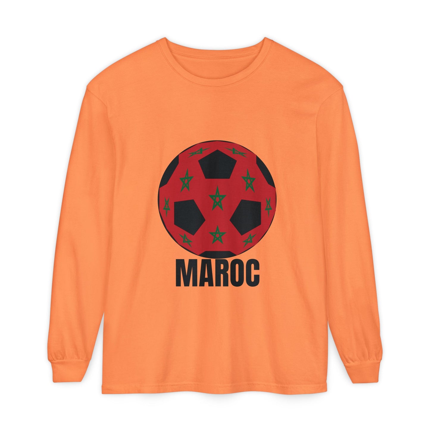 Morocco Maroc Fan Specialty Soccer Ball Design T Shirt Long Sleeve Tee Black Text