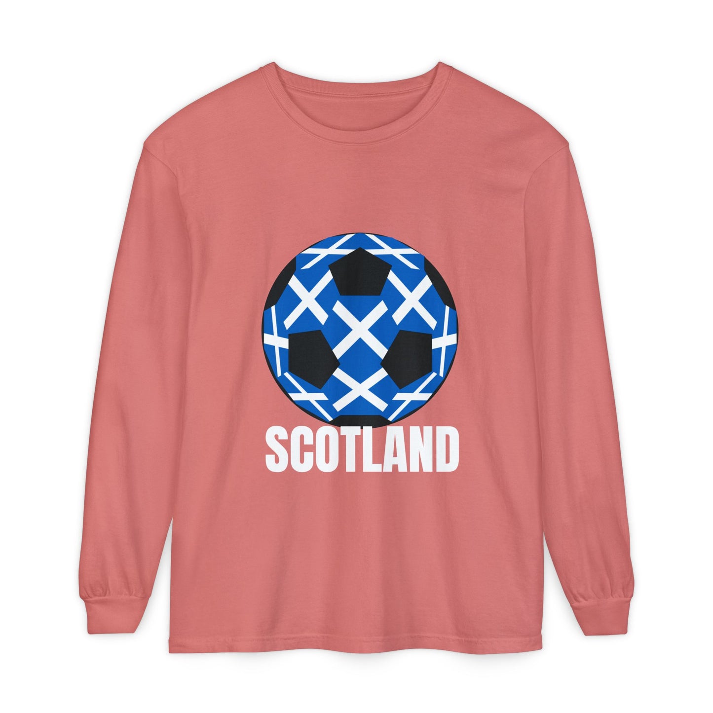 Scotland Fan Specialty Soccer Ball Design T Shirt Long Sleeve Tee White Text