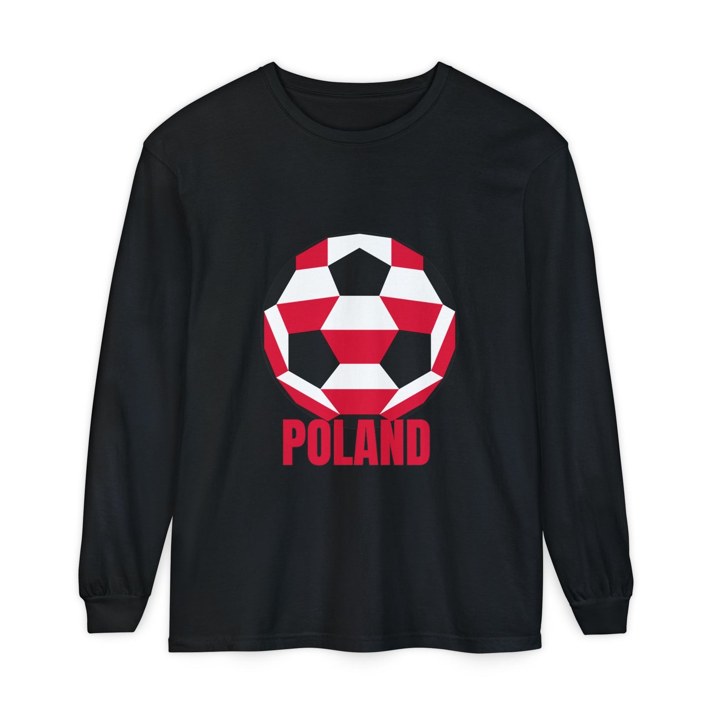 Poland Fan Specialty Soccer Ball Design T Shirt Long Sleeve T-Shirt Red Text
