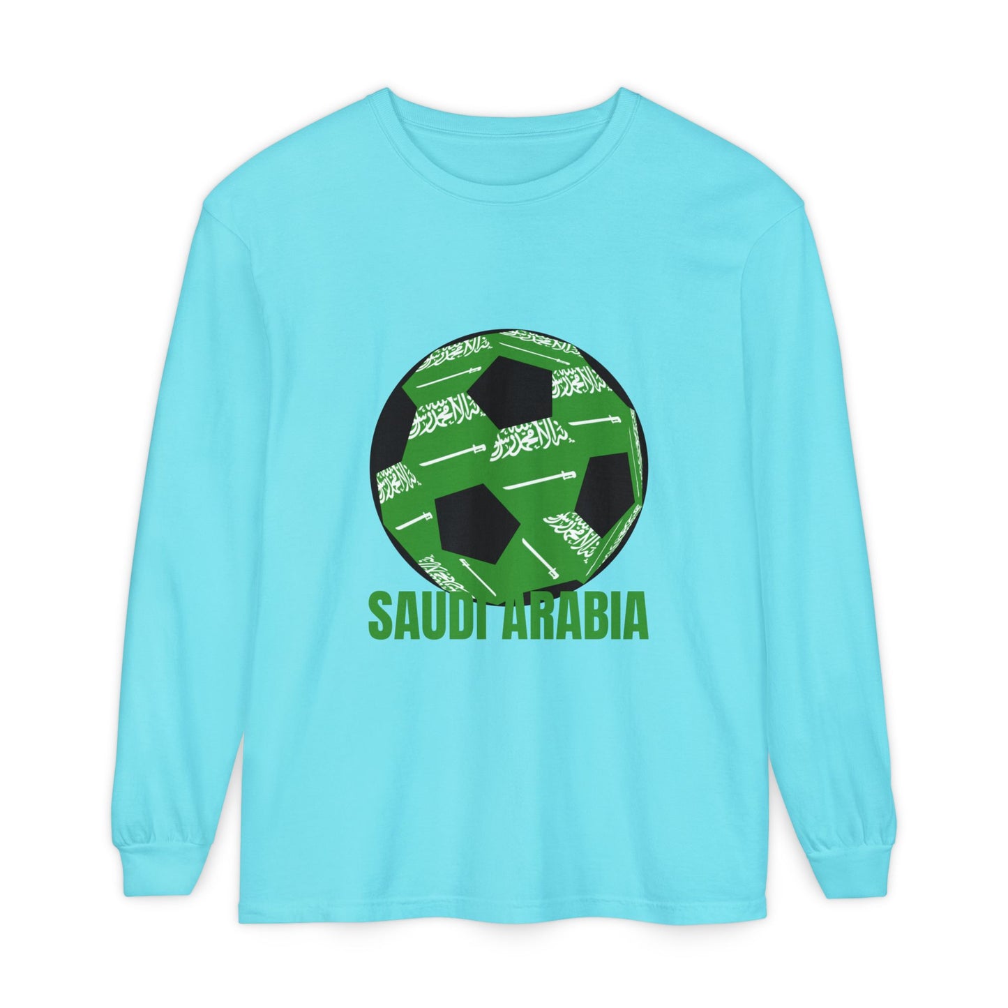 Saudi Arabia Fan Specialty Soccer Ball Design T Shirt Long Sleeve Tee Green Text