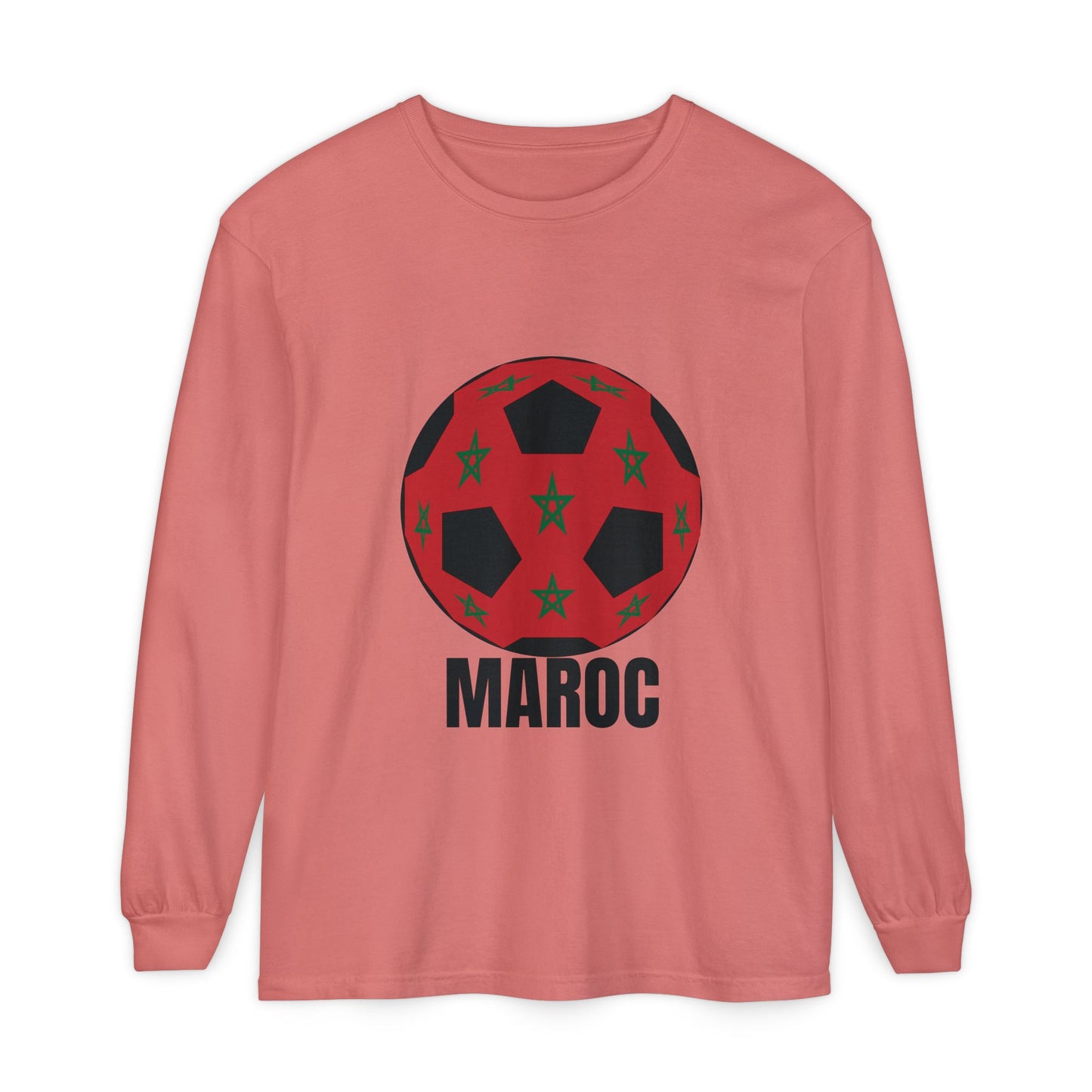 Morocco Maroc Fan Specialty Soccer Ball Design T Shirt Long Sleeve Tee Black Text