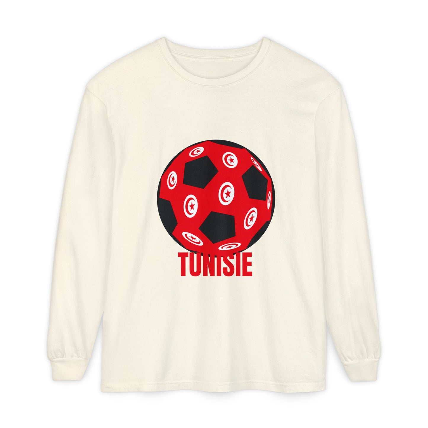 Tunisie Fan Specialty Soccer Ball Design T Shirt Long Sleeve Tee Red Text