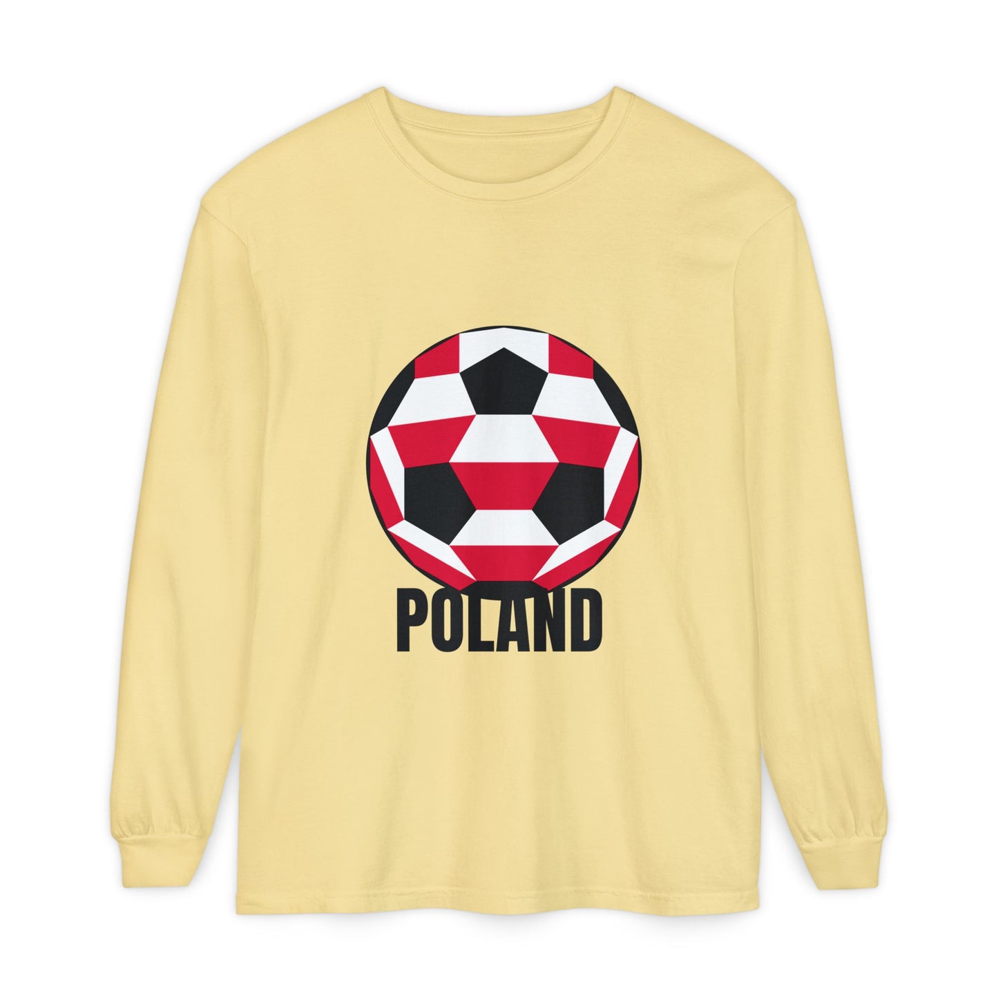Poland Fan Specialty Soccer Ball Design T Shirt Long Sleeve Shirt Black Text