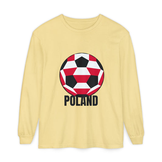 Poland Fan Specialty Soccer Ball Design T Shirt Long Sleeve Shirt Black Text