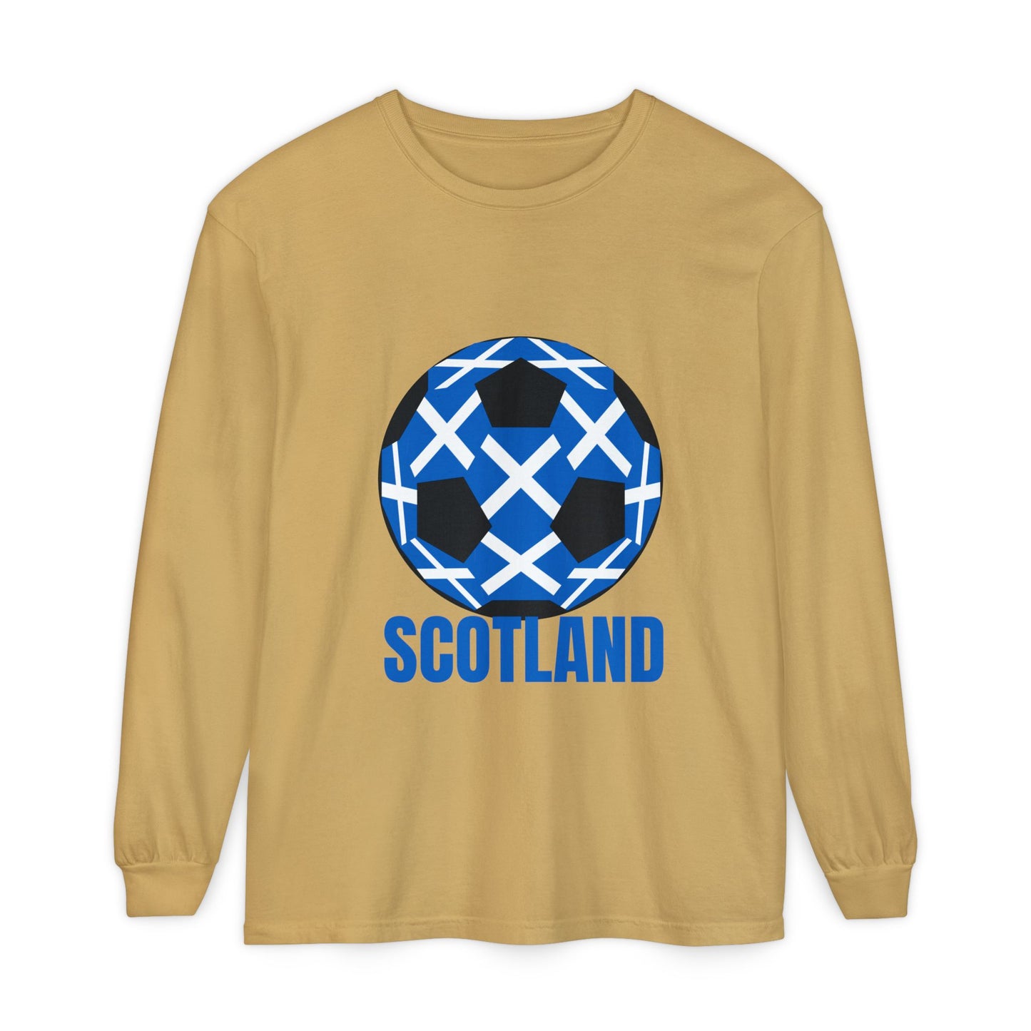 Scotland Fan Specialty Soccer Ball Design T Shirt Long Sleeve Tee Blue Text