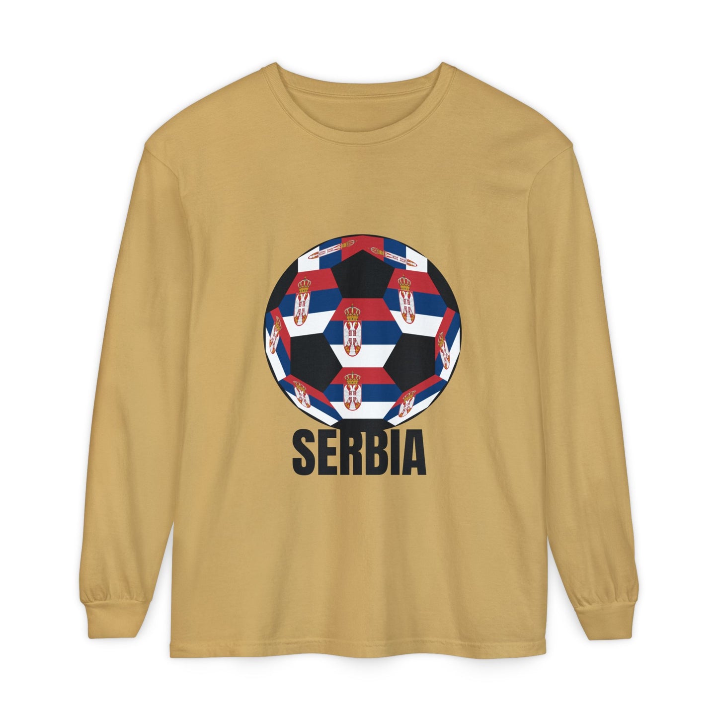 Serbia Fan Specialty Soccer Ball Design T Shirt Long Sleeve Tee Black Print