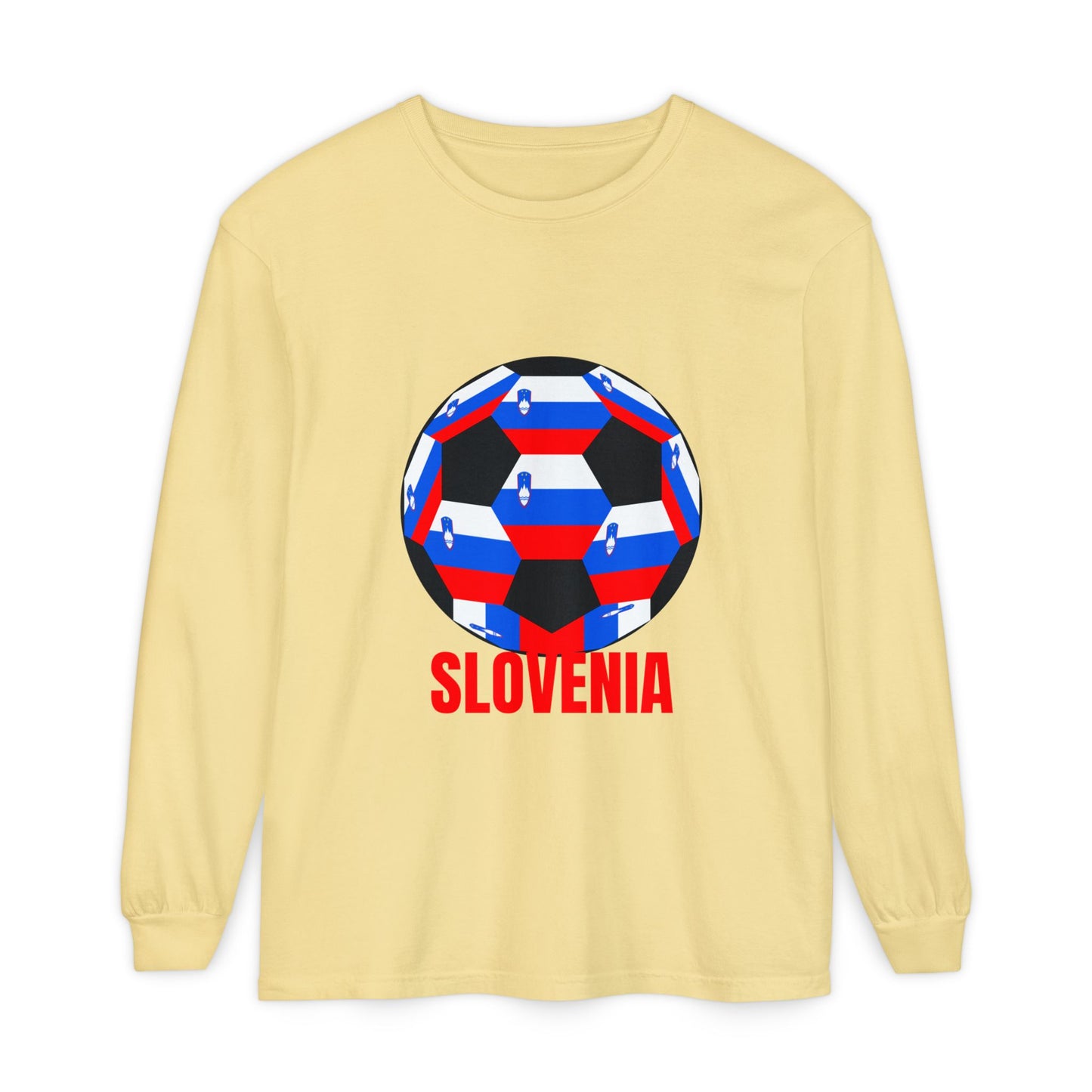 Slovenia Fan Specialty Soccer Ball Design Long Sleeve Shirt Red Text