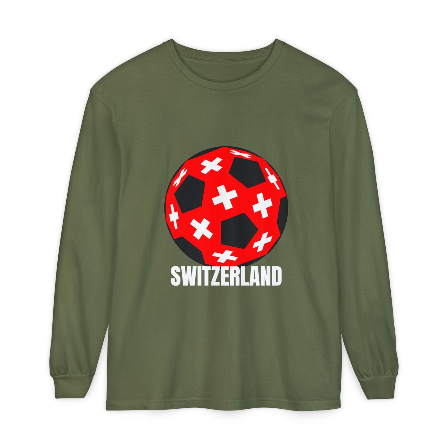 Switzerland Fan Specialty Soccer Ball Design T Shirt Long Sleeve Tee White Text