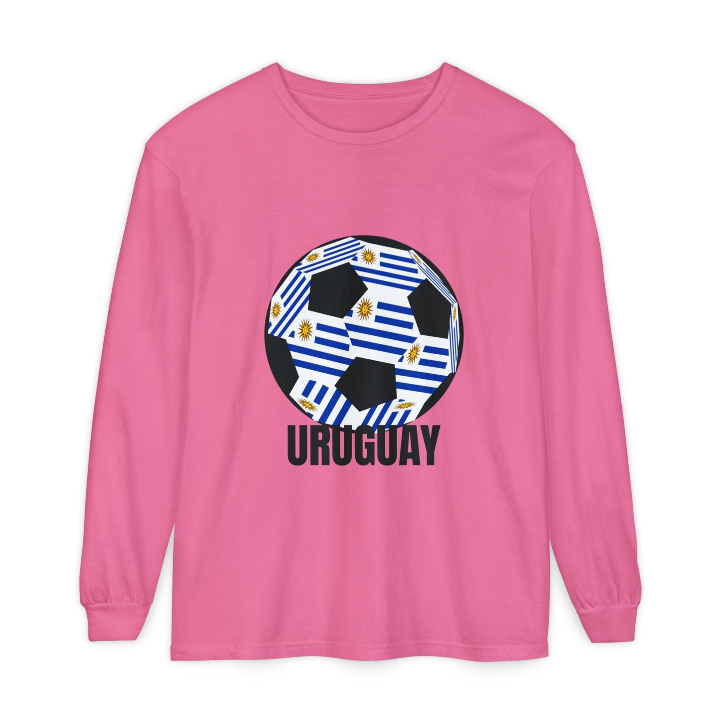 Uruguay Fan Specialty Soccer Ball Design Long Sleeve T-Shirt Black Text