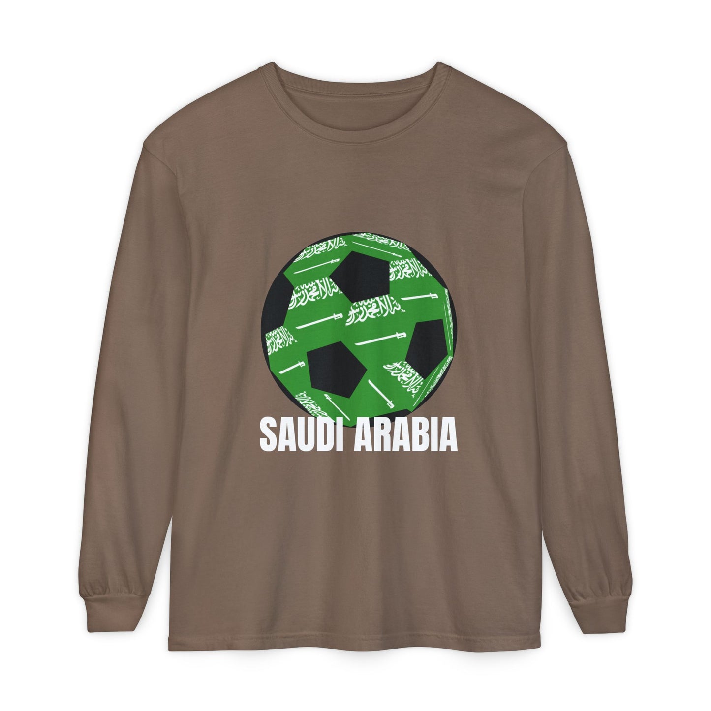 Saudi Arabia Fan Specialty Soccer Ball Design T Shirt Long Sleeve Tee White Text