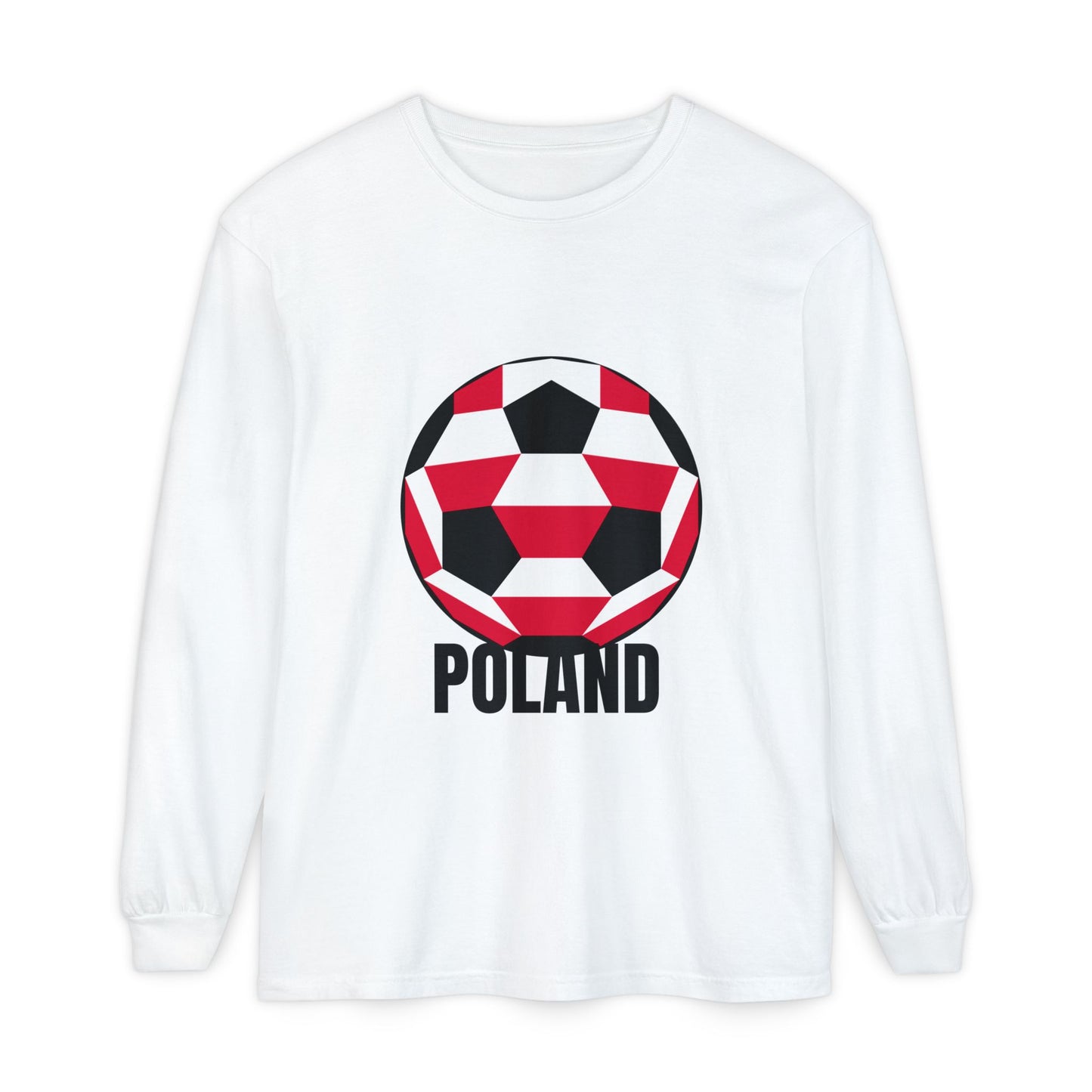 Poland Fan Specialty Soccer Ball Design T Shirt Long Sleeve Shirt Black Text
