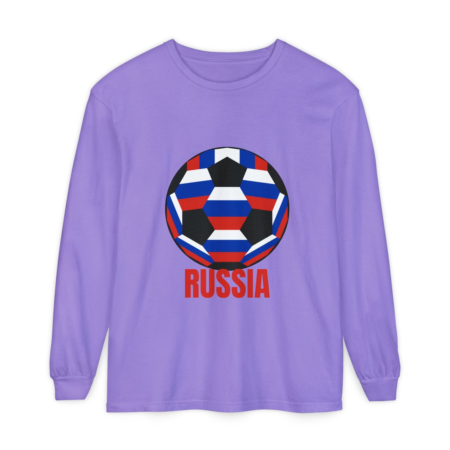 Russia Fan Specialty Soccer Ball Design T Shirt Long Sleeve T-Shirt Red Text