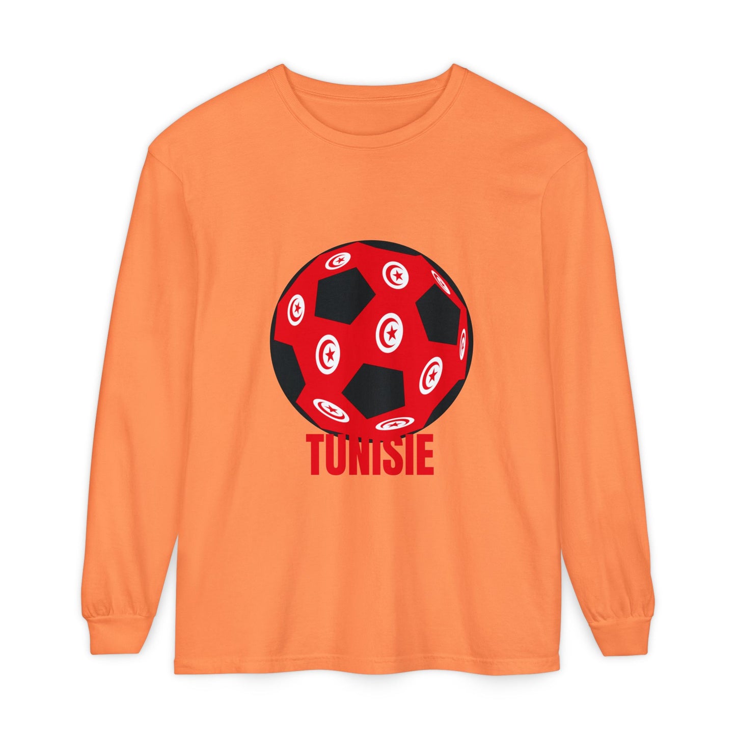 Tunisie Fan Specialty Soccer Ball Design T Shirt Long Sleeve Tee Red Text