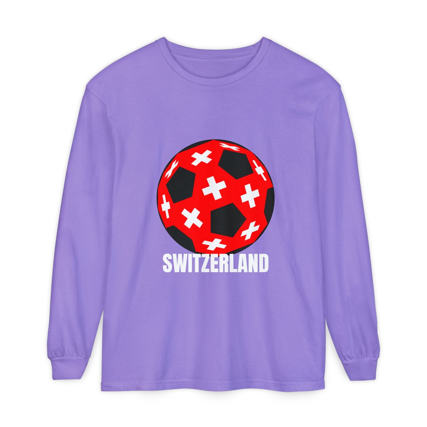 Switzerland Fan Specialty Soccer Ball Design T Shirt Long Sleeve Tee White Text